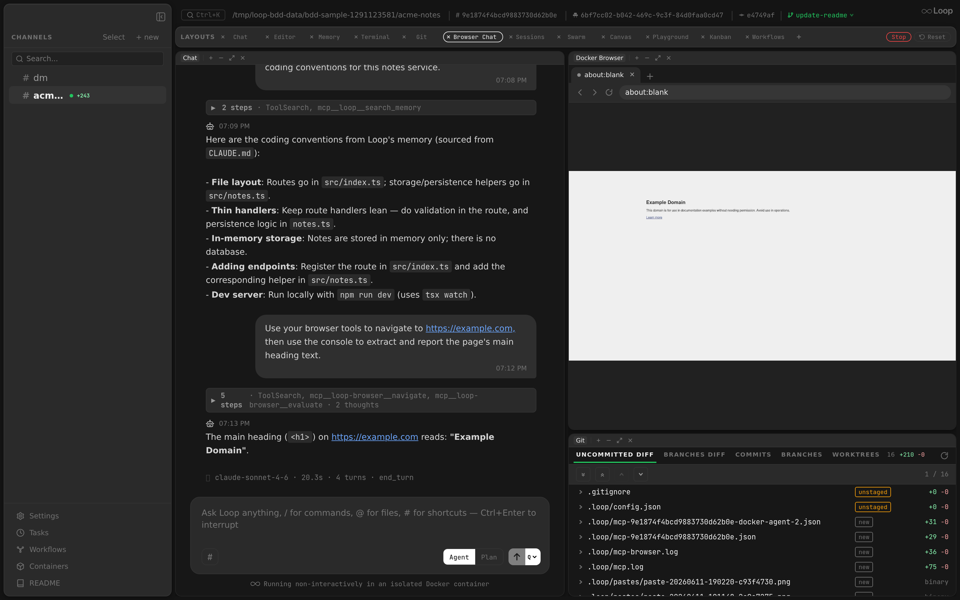 The agent driving a real Chrome through its browser tools — navigating a page and reading it back via the console