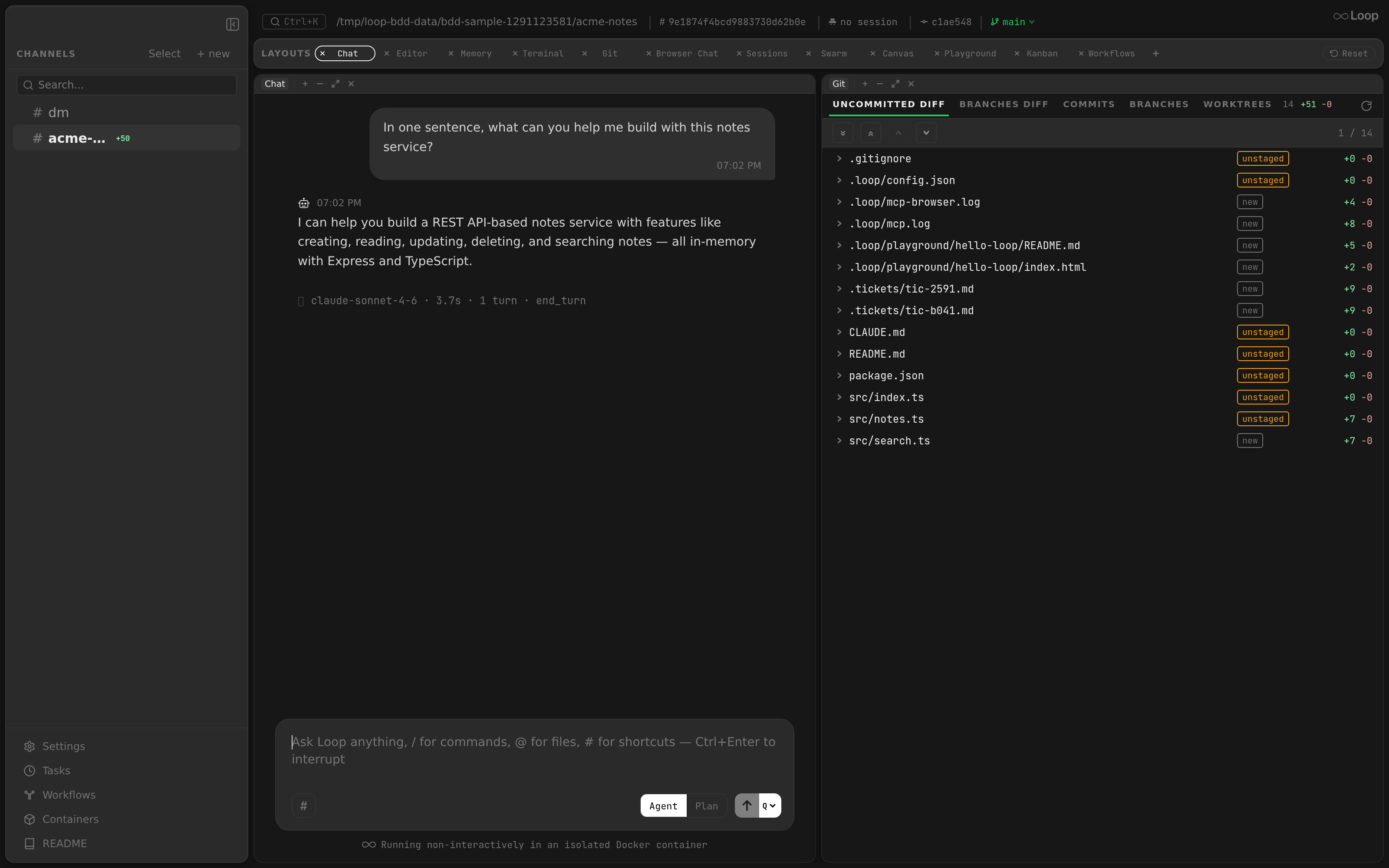 A live chat conversation with the Loop agent alongside the Git panel