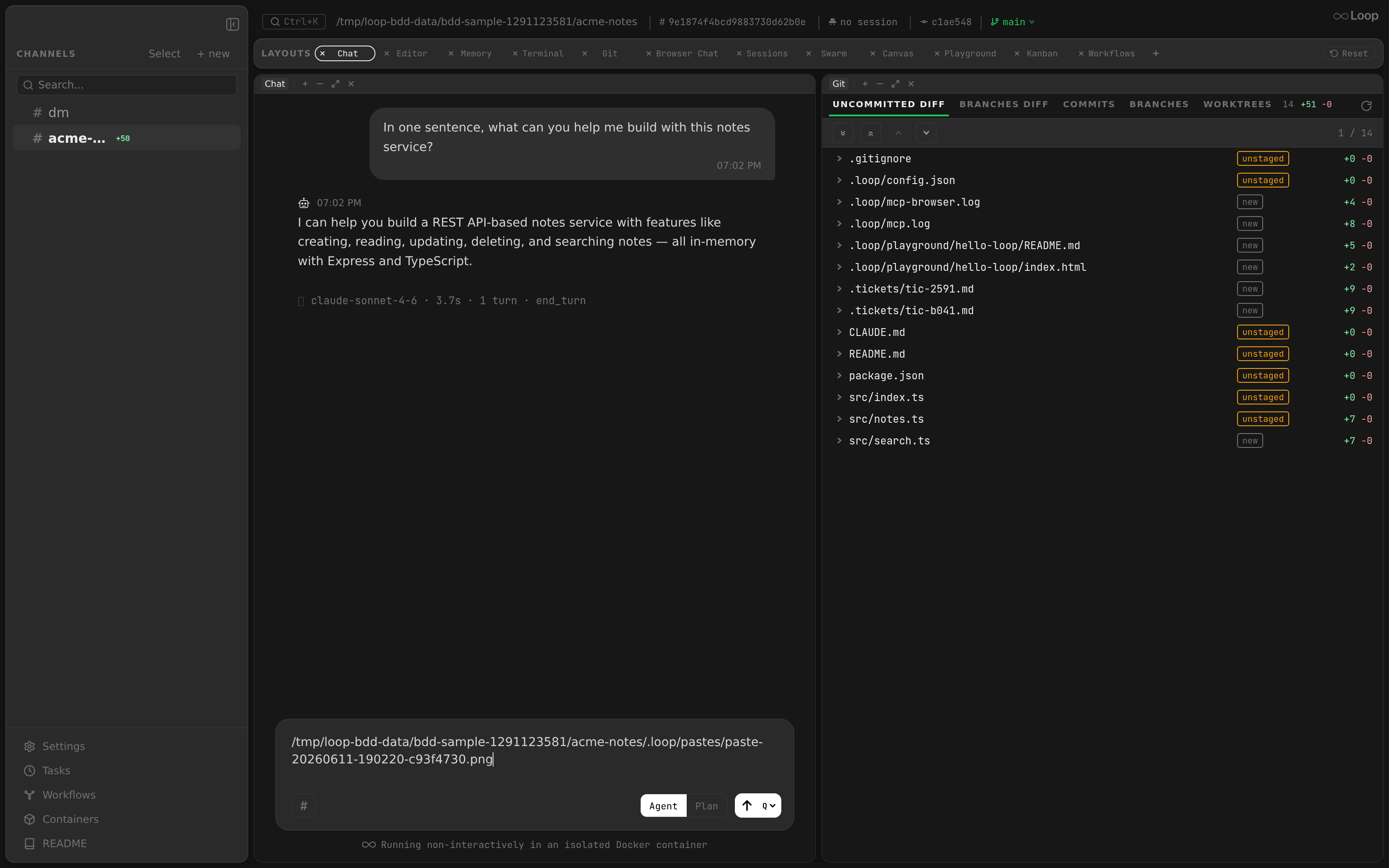 Pasting an image into the chat input inserts the saved file path