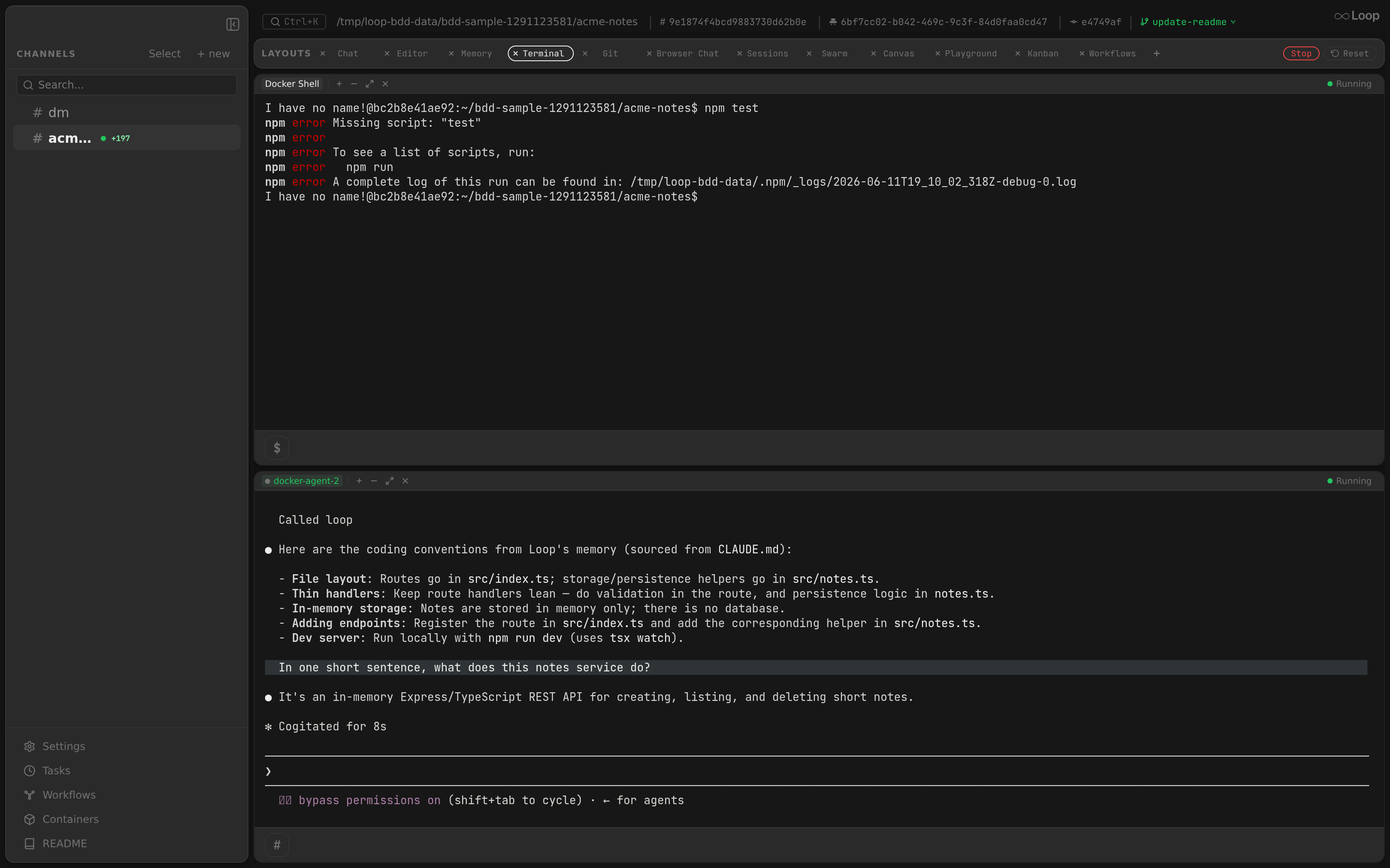 A Docker Agent terminal split below a shell, resuming the channel’s Claude session in the container