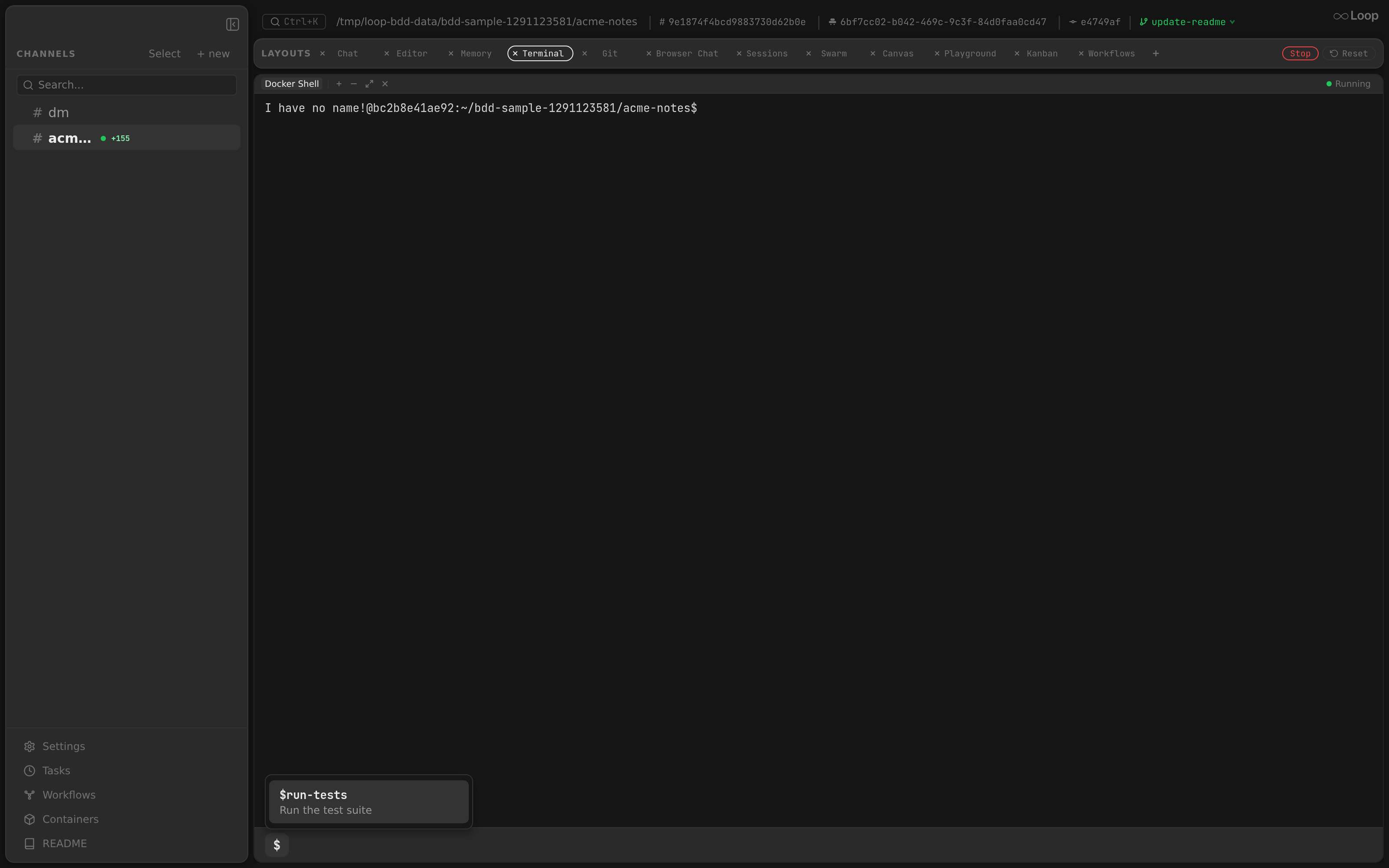 A Docker Shell pane in the container with the $ bash-shortcut picker open