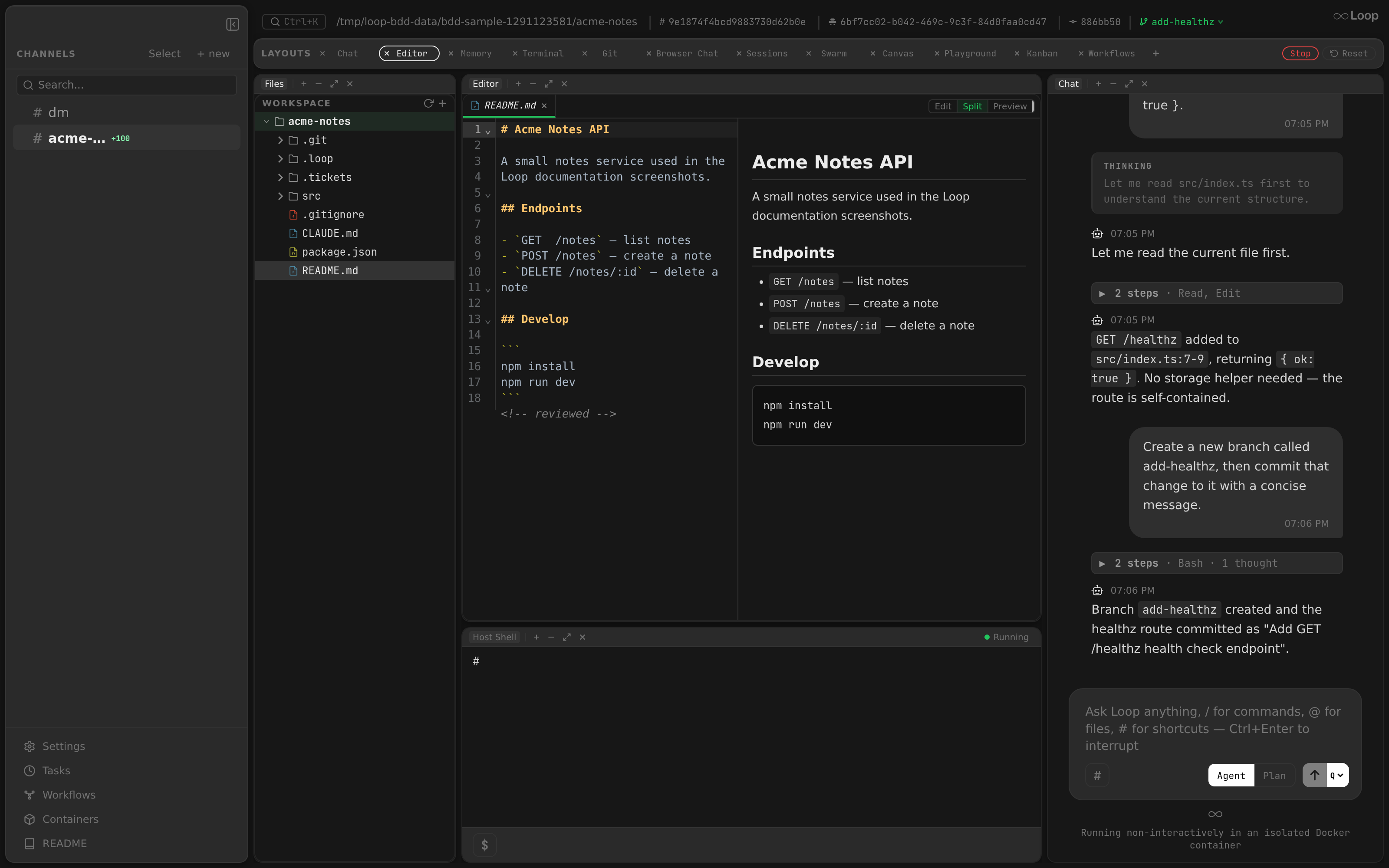 The Editor layout: file tree, code editor, host shell, and chat side by side