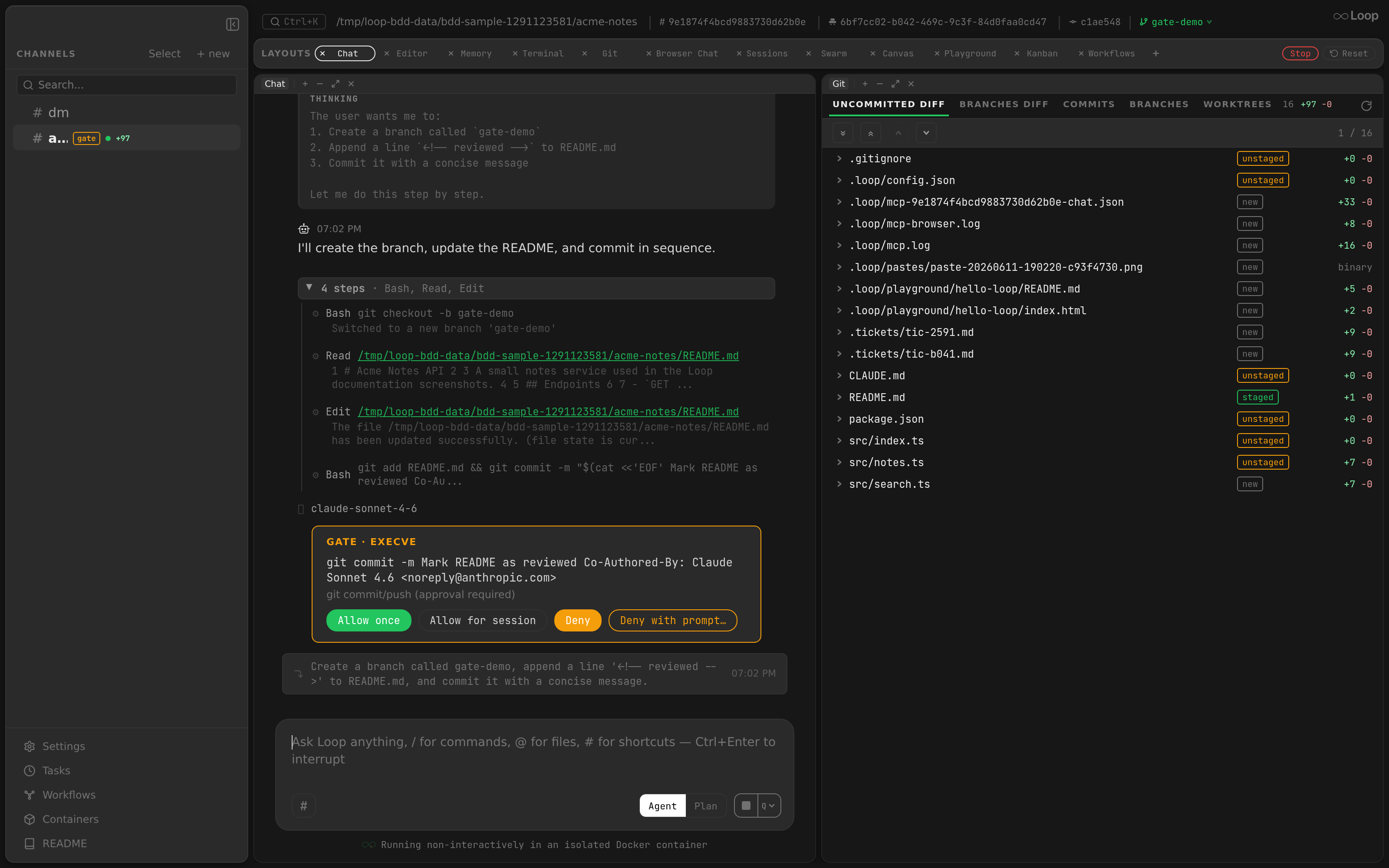 The gate approval card in chat: a blocked exec on /root/.ssh/authorized_keys with Allow once, Allow for session, Deny, and Deny with prompt buttons