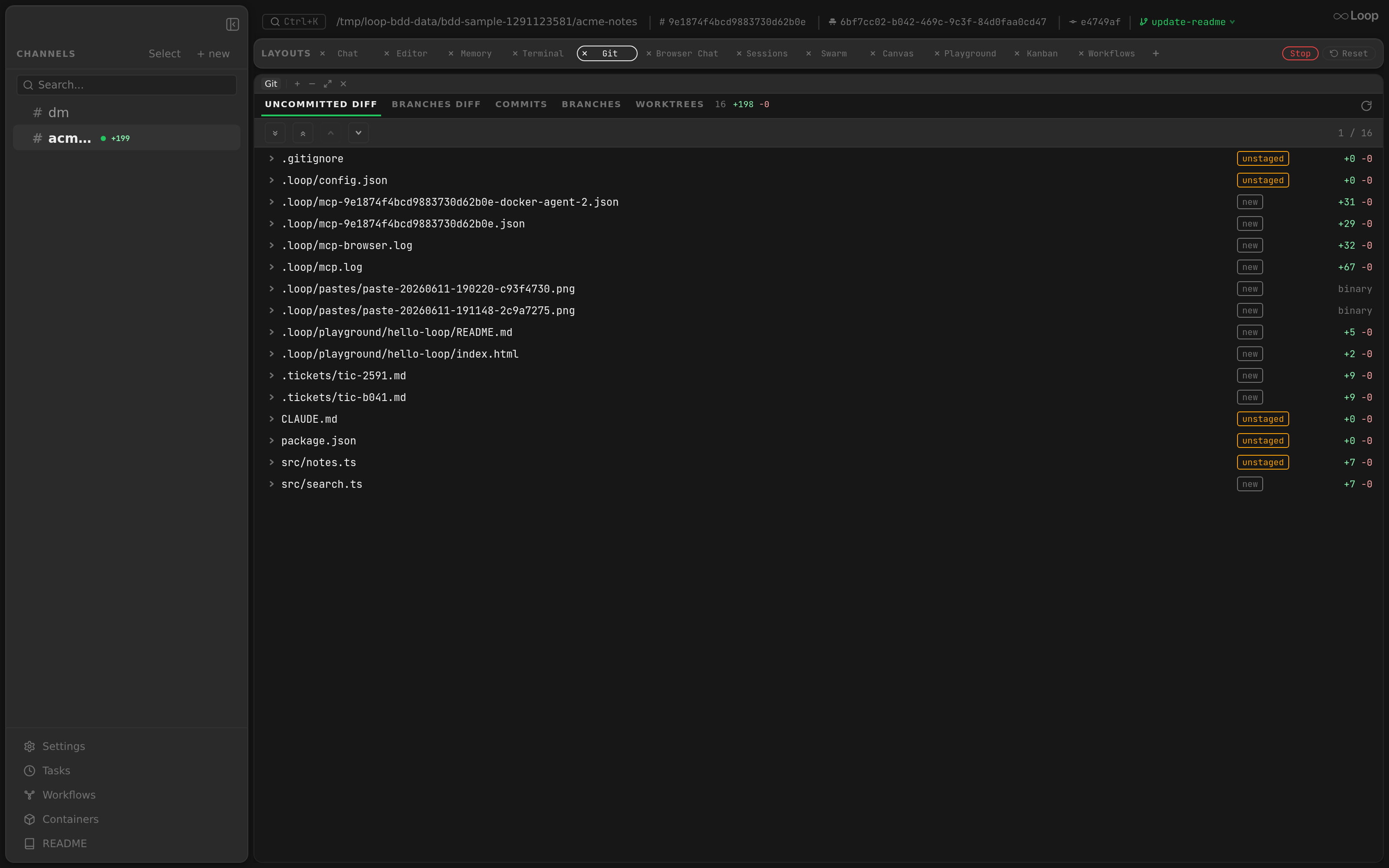 The Git panel showing the Uncommitted Diff, Branches Diff, Commits, Branches, and Worktrees tabs