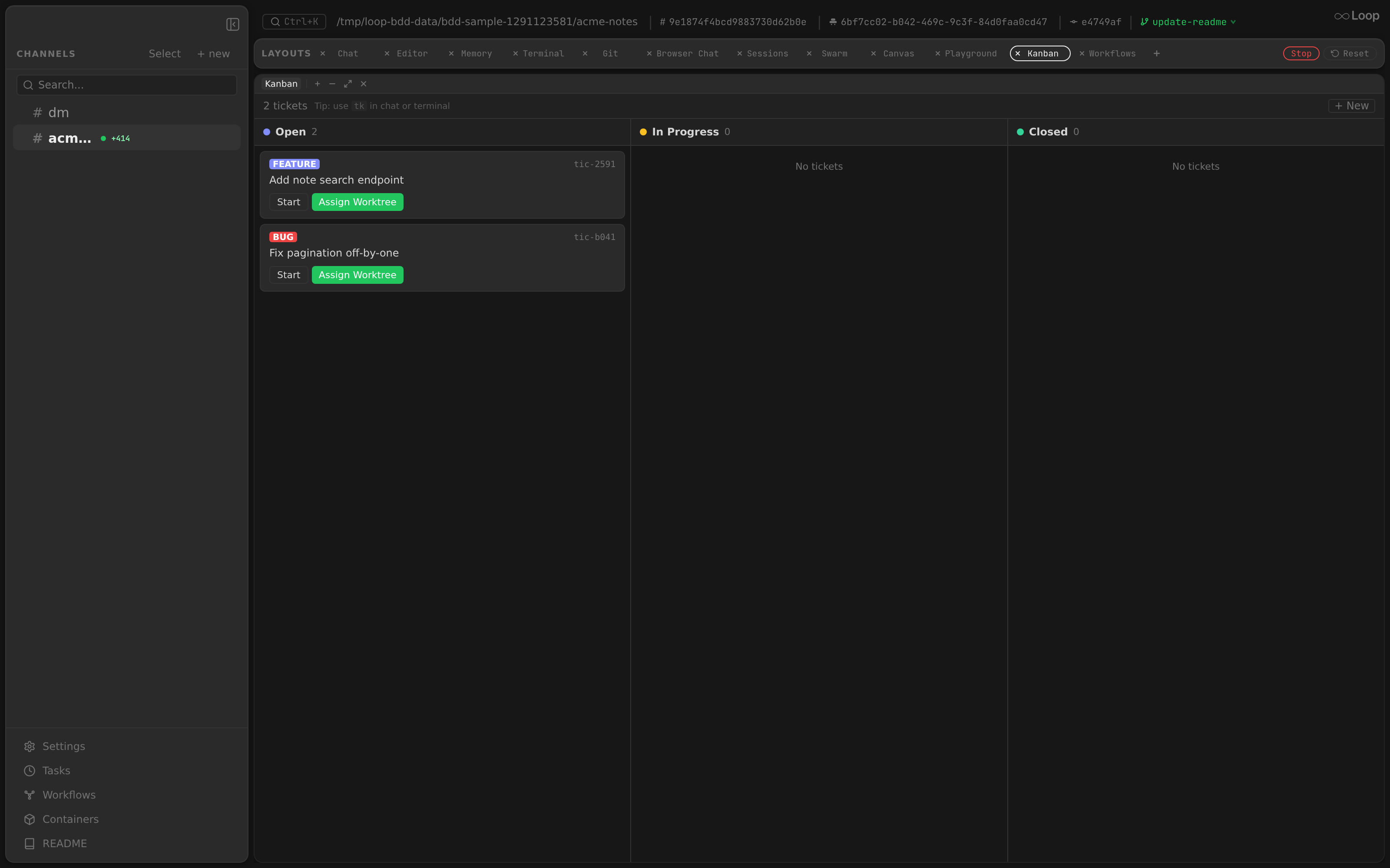 The Kanban board with Open, In Progress, and Closed columns