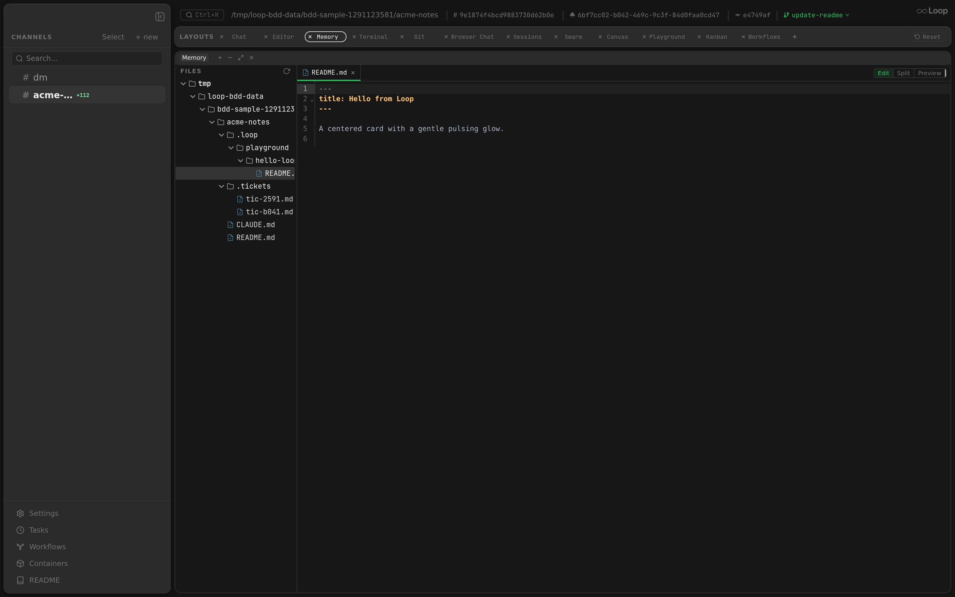 The Memory panel: a tree of indexed Markdown files (CLAUDE.md, README.md, tickets) with a file open in the viewer