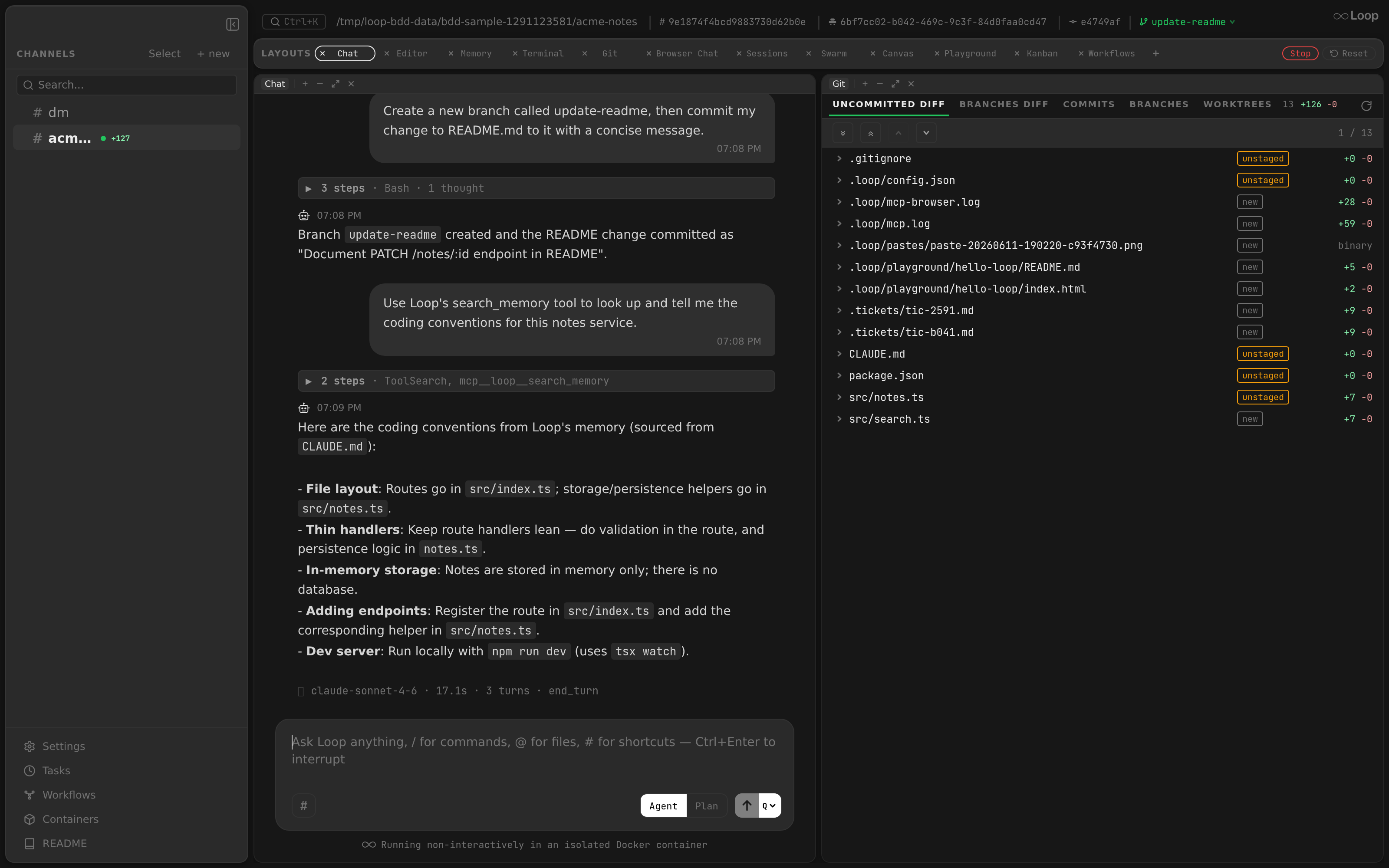 Recalling project conventions in chat — the agent answers via the search_memory tool