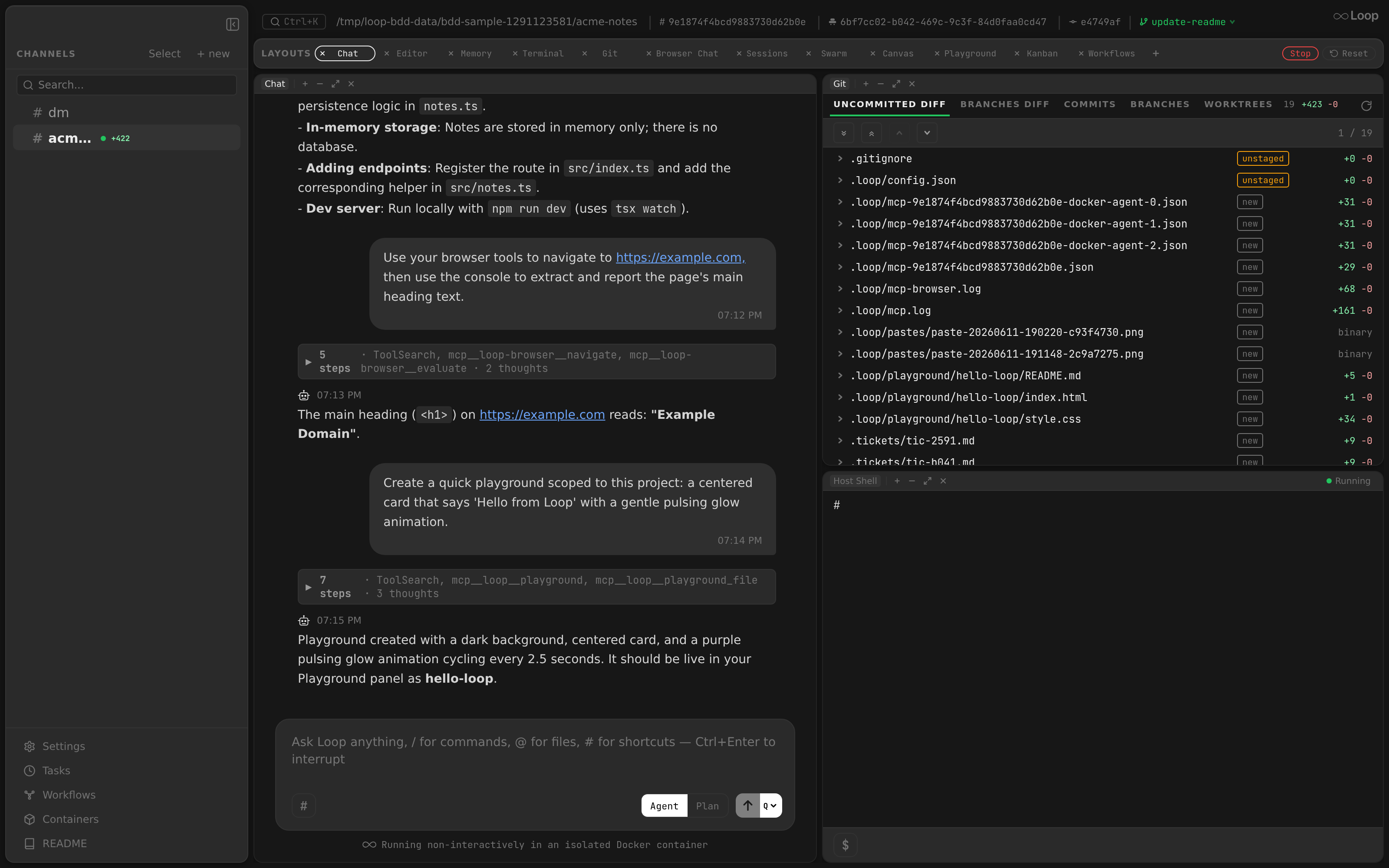 A split layout combining Chat, Files, and Git panels in one workspace