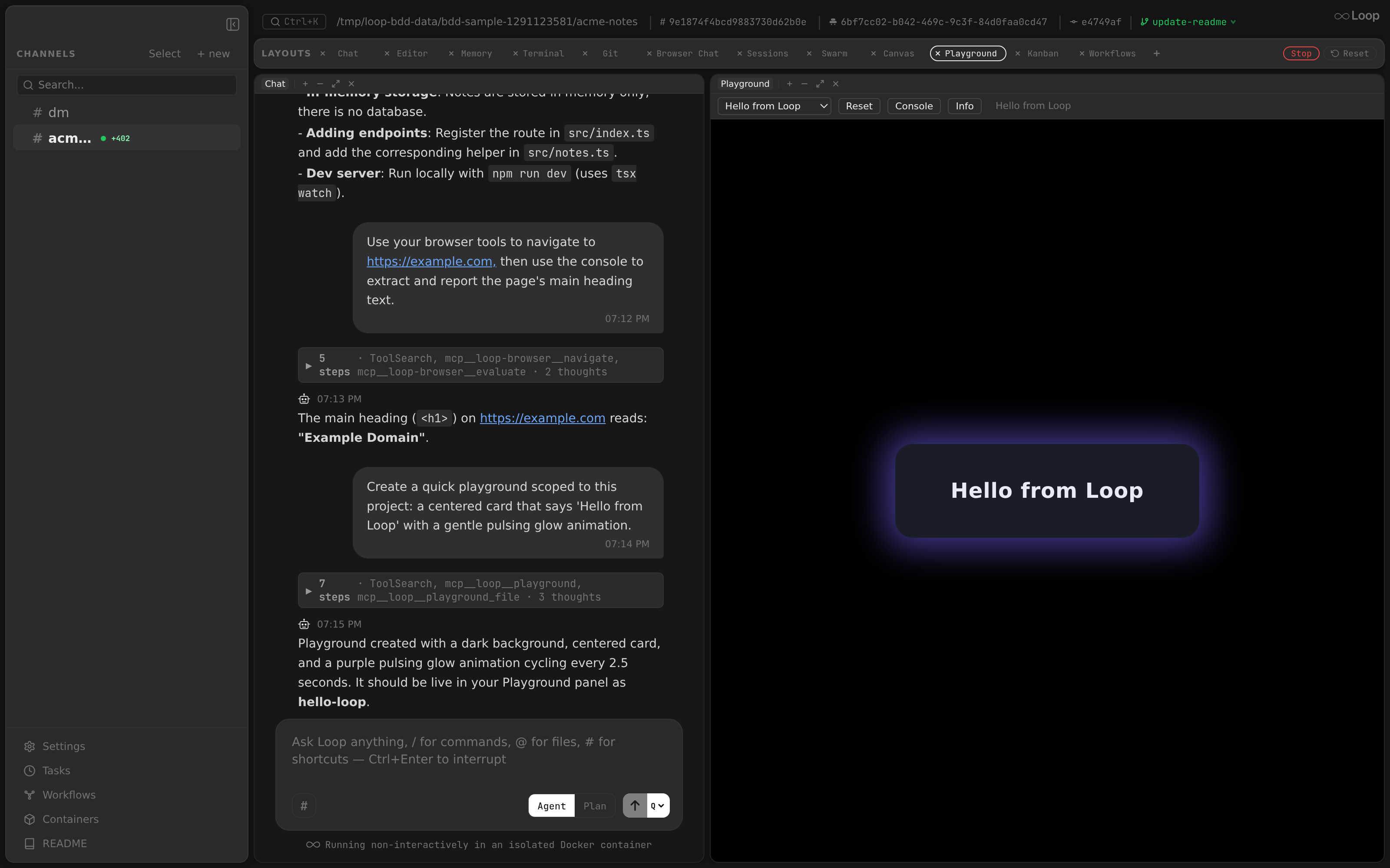 A live playground — a centered “Hello from Loop” card with a pulsing glow, rendered in a sandboxed iframe next to chat