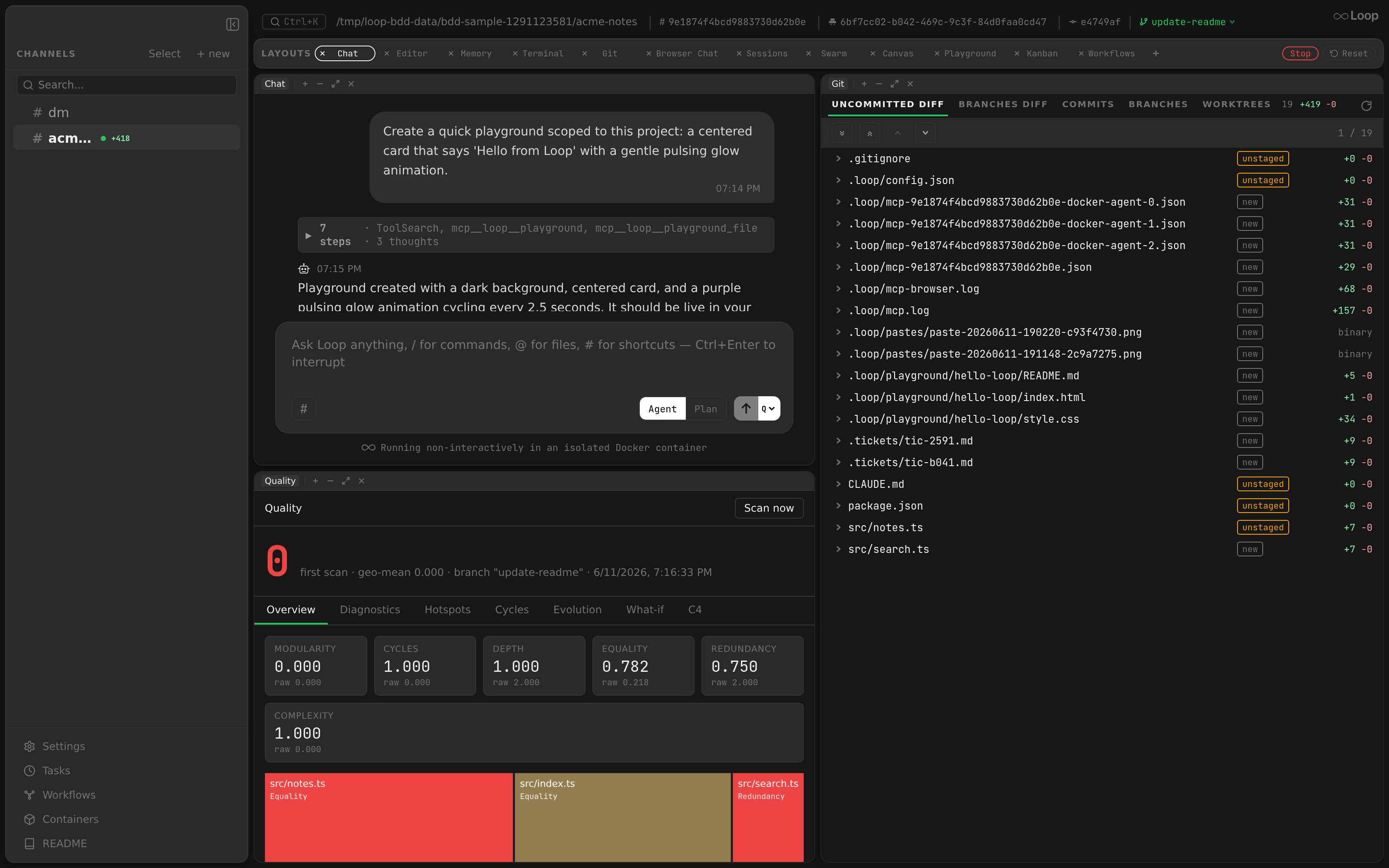 The Quality panel split into the chat layout: band-coloured signal headline, six metric cards, and the per-file deficit treemap