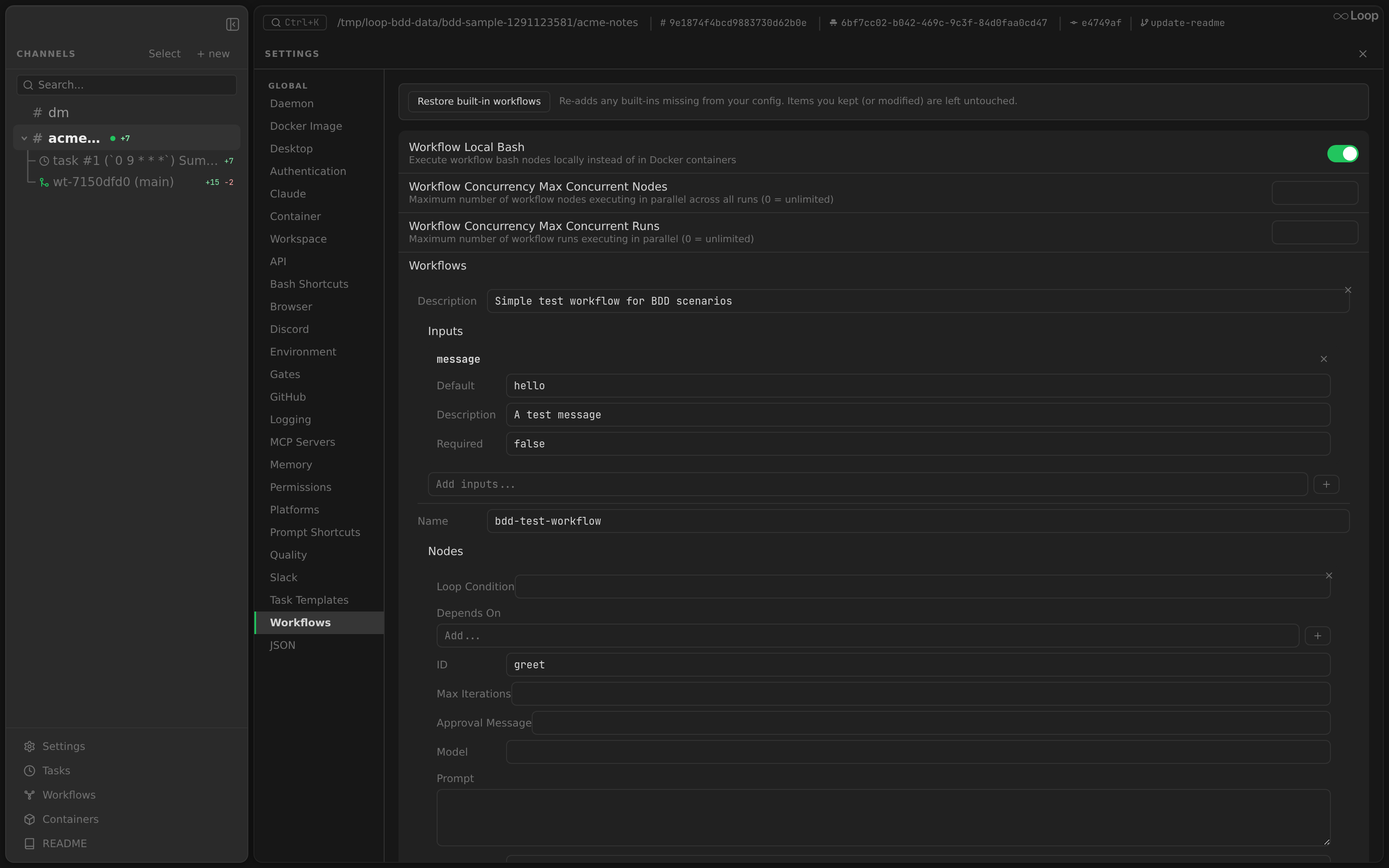 The Settings panel overlay with the section nav and the Workflows config form