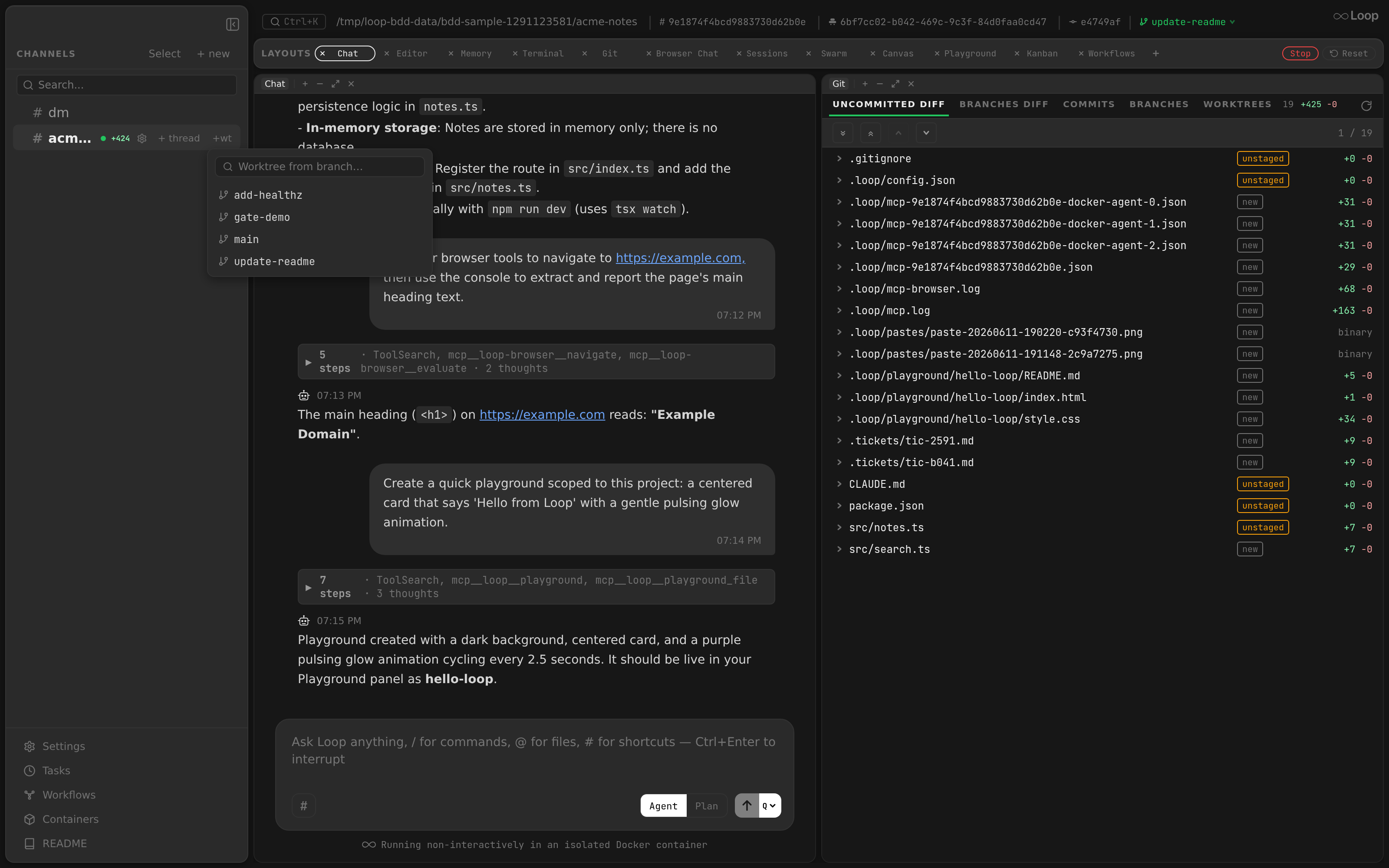 The +wt branch picker on a channel row, listing branches to create a git worktree from