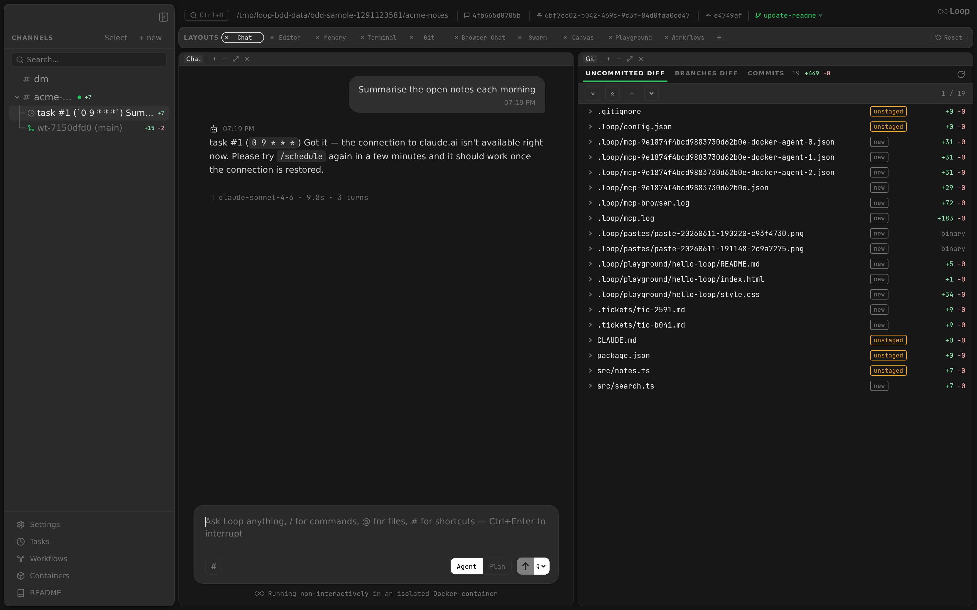 A manually-triggered task run opened as its own thread under the project