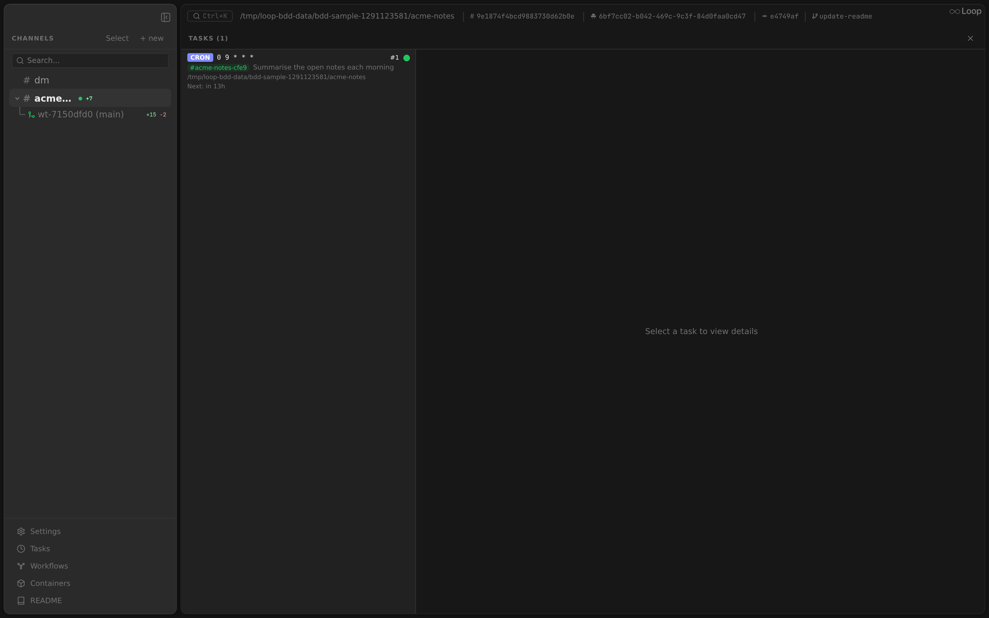 The Tasks panel listing a scheduled cron task with its next-run time