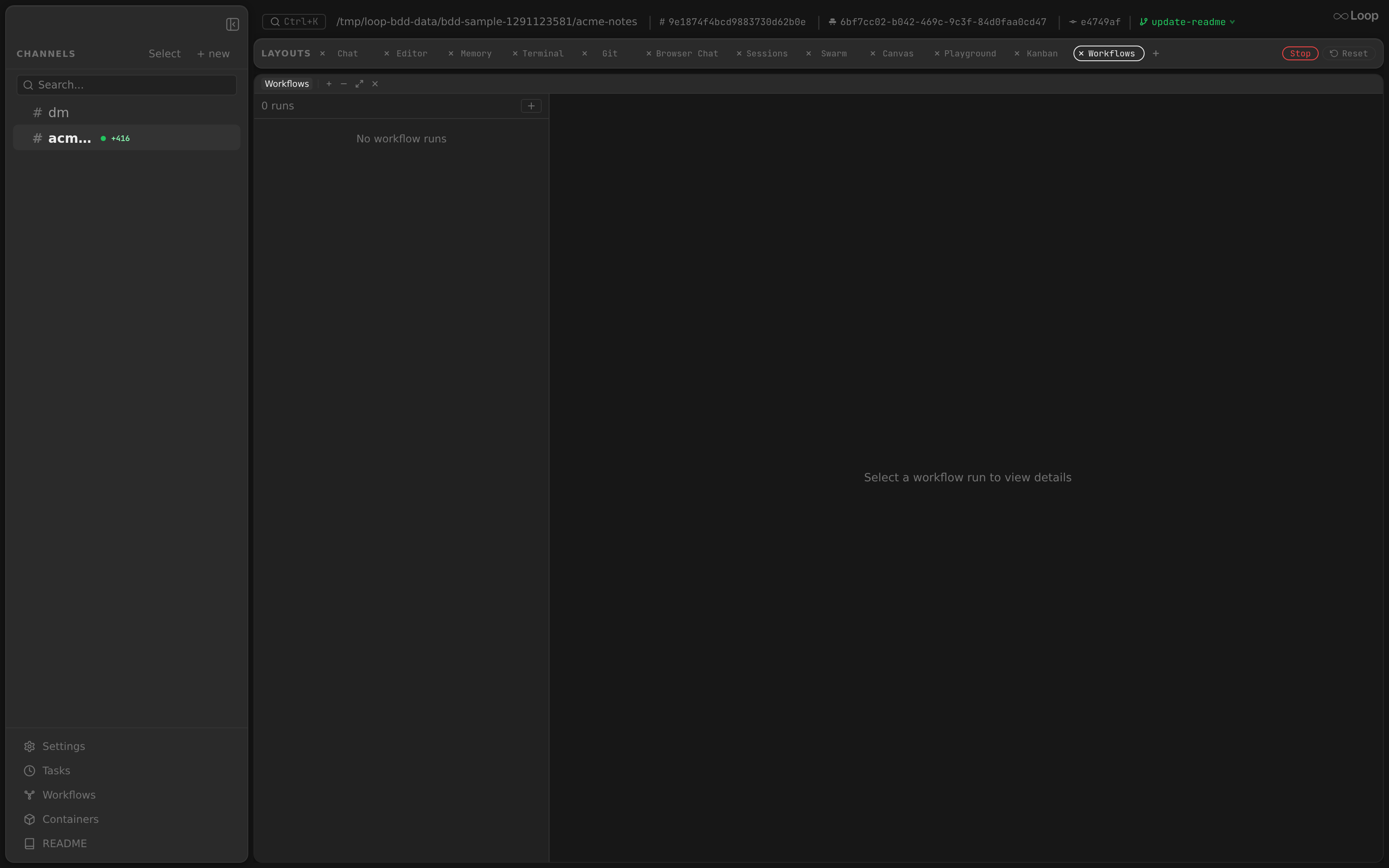 The Workflows layout tab showing a completed run and its DAG for the current project