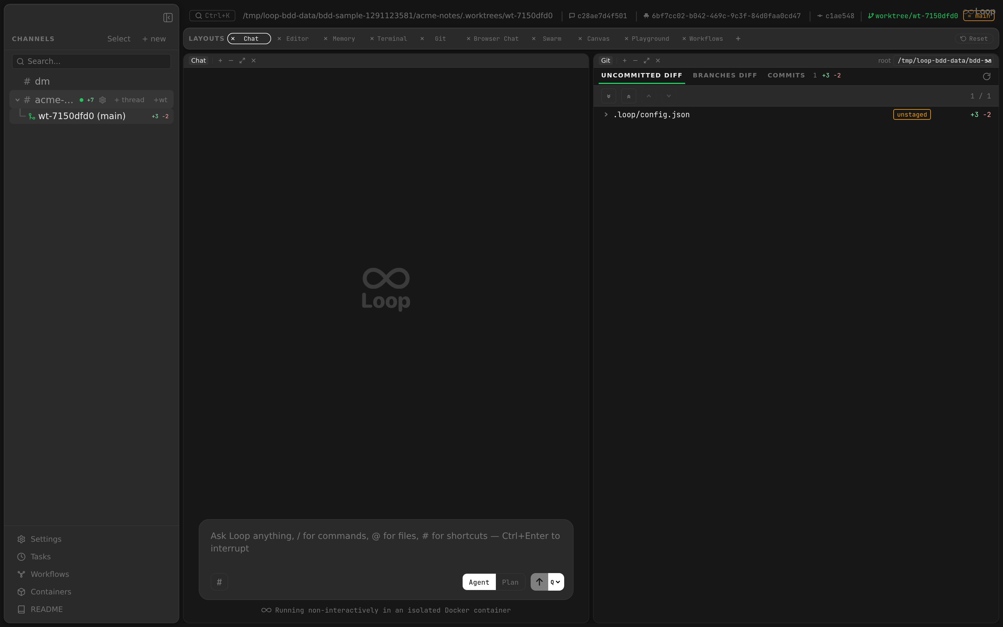 A worktree thread (git-branch icon) nested under its parent channel in the sidebar, opened in its own isolated workspace